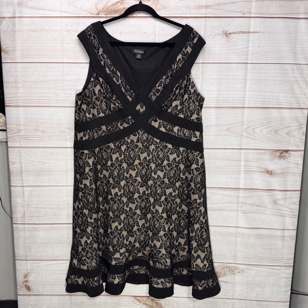 S.L. Fashions Lace Cocktail Dress Womens 22W Black Tan Excellent Fit & Flare